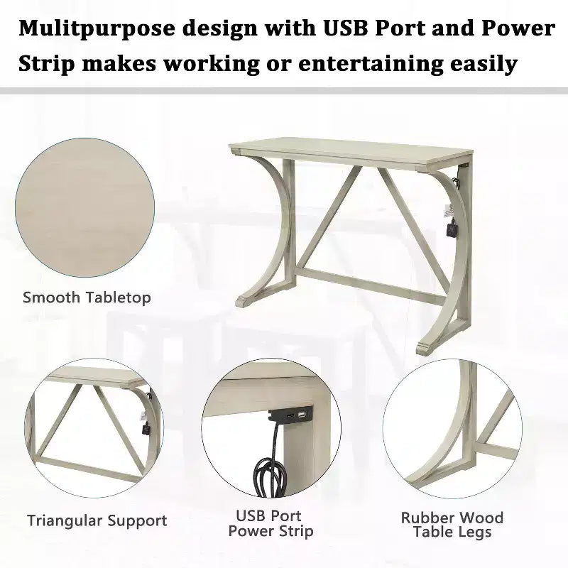 JVNOXK Farmhouse-Style 3-Piece Bar-Height Dining Table and Chair Set Features USB Ports and Padded Stools Ideal for Dining Rooms White