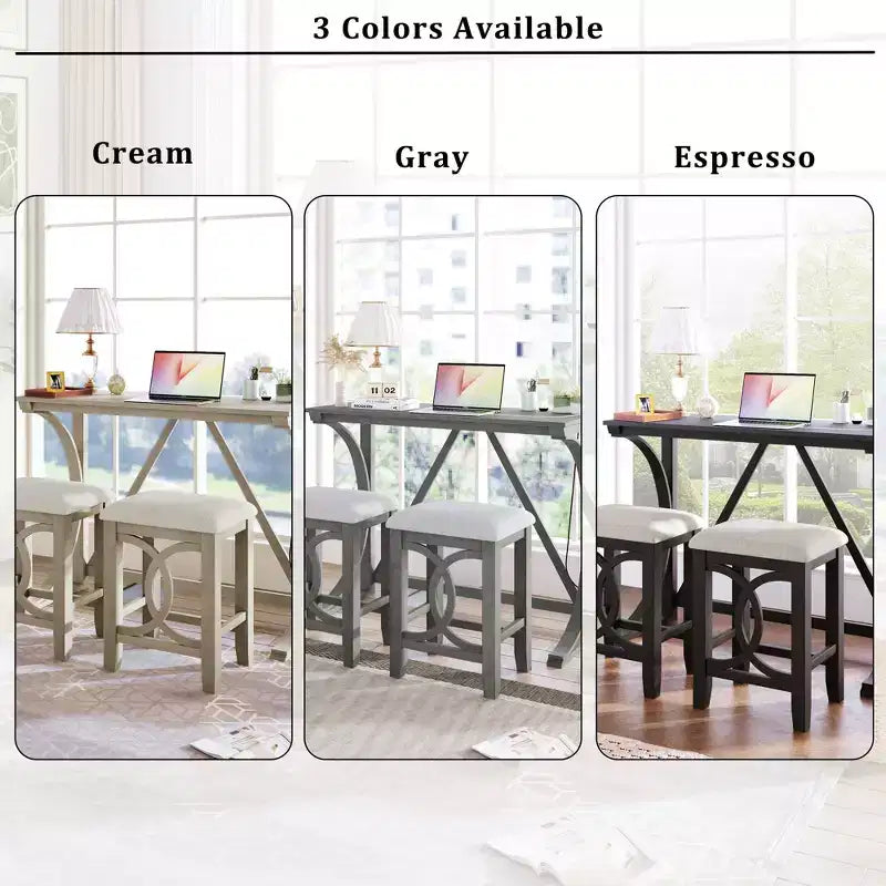 JVNOXK Farmhouse-Style 3-Piece Bar-Height Dining Table and Chair Set Features USB Ports and Padded Stools Ideal for Dining Rooms White