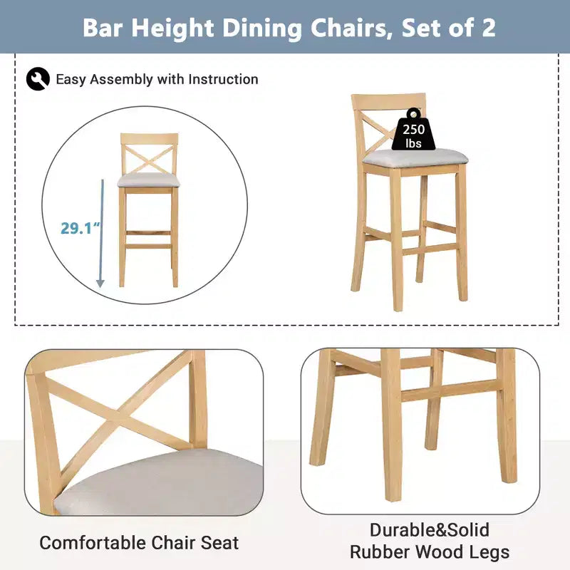 JVNOXK 48-inch Farmhouse-Style Rectangular Wood Bar-Style Dining Table and Chair Set with Two Chairs, Suitable for Kitchen, Beige