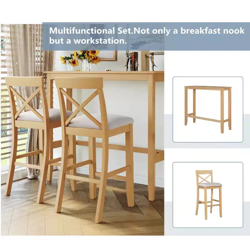 JVNOXK 48-inch Farmhouse-Style Rectangular Wood Bar-Style Dining Table and Chair Set with Two Chairs, Suitable for Kitchen, Beige