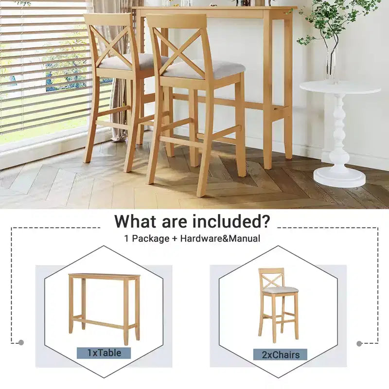 JVNOXK 48-inch Farmhouse-Style Rectangular Wood Bar-Style Dining Table and Chair Set with Two Chairs, Suitable for Kitchen, Beige