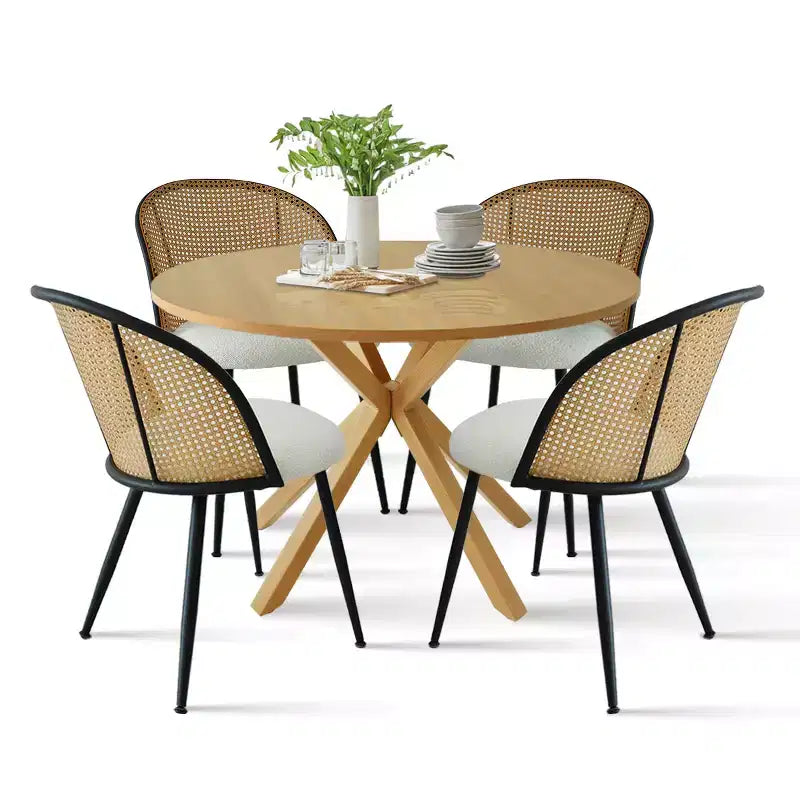 Modern Dining Table Set for 4, Space-Saving Pedestal Table with Boucle Upholstered Chairs, Mesh Rattan Backrest, Apartment Use-Panipeachy