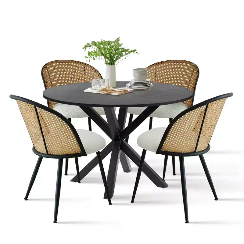 Modern Dining Table Set for 4, Space-Saving Pedestal Table with Boucle Upholstered Chairs, Mesh Rattan Backrest, Apartment Use-Panipeachy