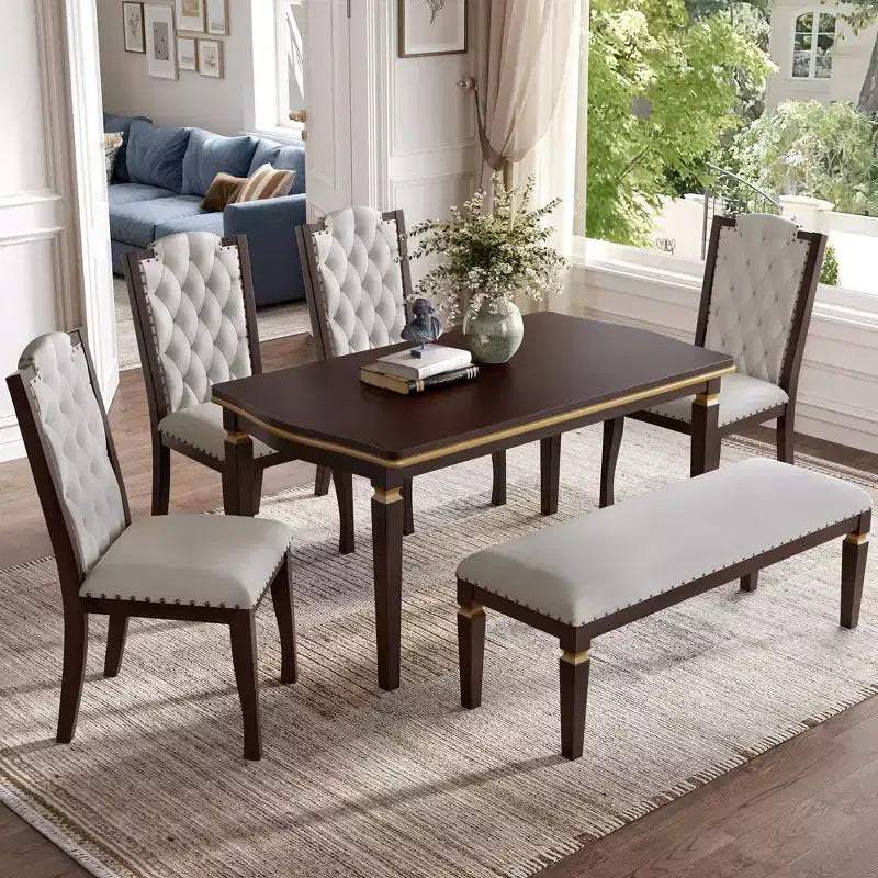 6-Piece Dining Table Set with 4 Chairs and Bench, 60-Inch Table, for Home Dining Room