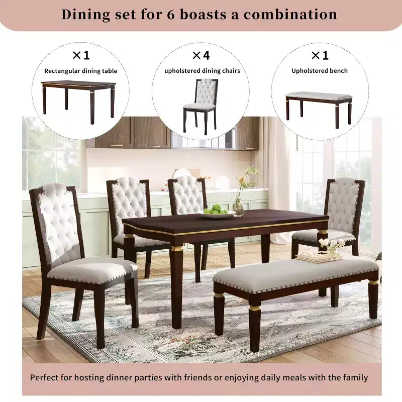 6-Piece Dining Table Set with 4 Chairs and Bench, 60-Inch Table, for Home Dining Room