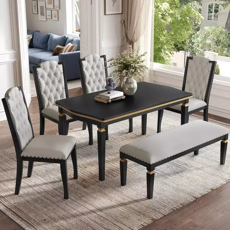 6-Piece Dining Table Set with 4 Chairs and Bench, 60-Inch Table, for Home Dining Room
