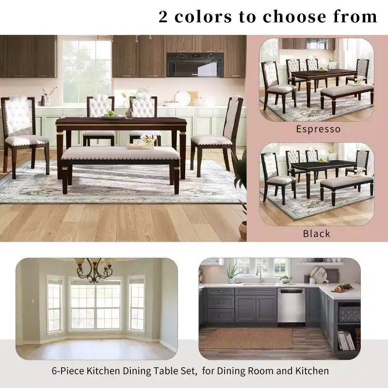 6-Piece Dining Table Set with 4 Chairs and Bench, 60-Inch Table, for Home Dining Room