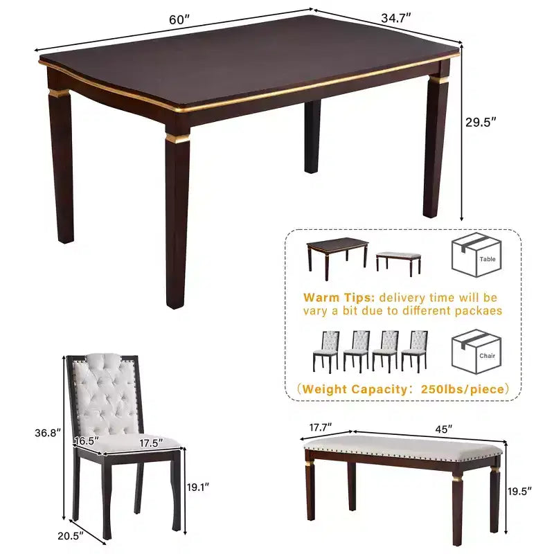 6-Piece Dining Table Set with 4 Chairs and Bench, 60-Inch Table, for Home Dining Room