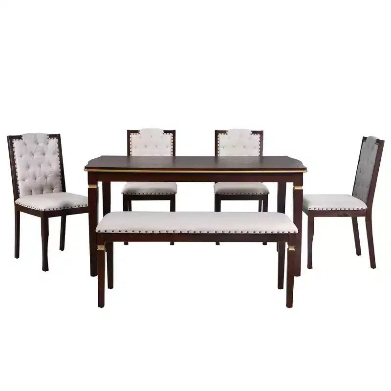 6-Piece Dining Table Set with 4 Chairs and Bench, 60-Inch Table, for Home Dining Room