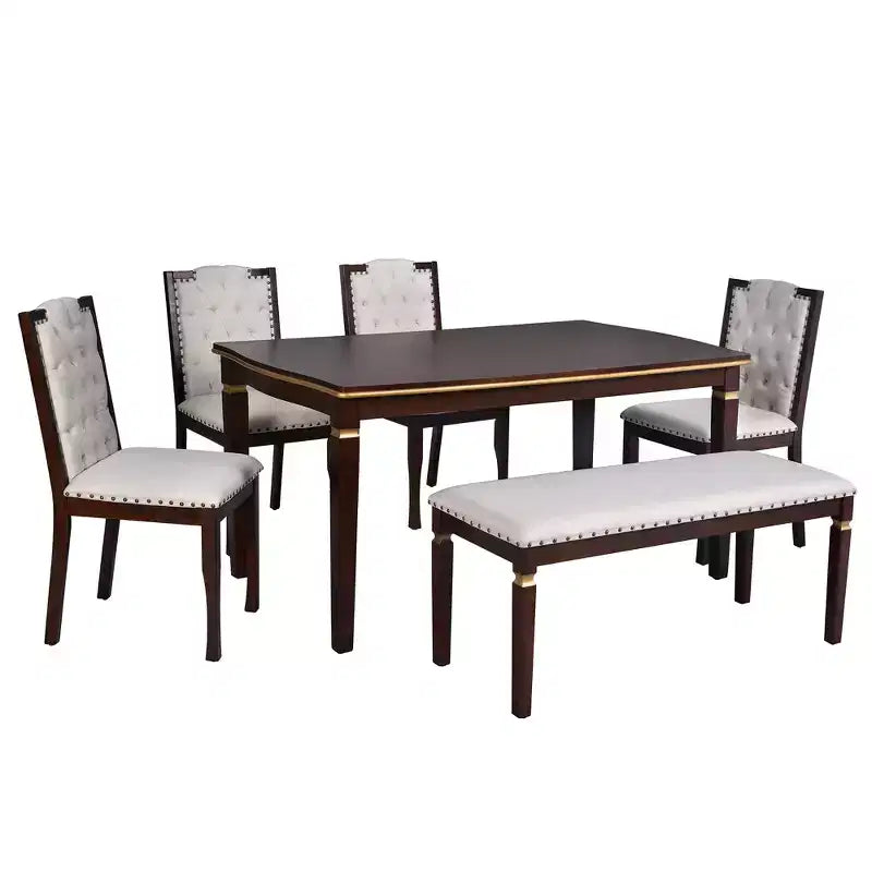 6-Piece Dining Table Set with 4 Chairs and Bench, 60-Inch Table, for Home Dining Room