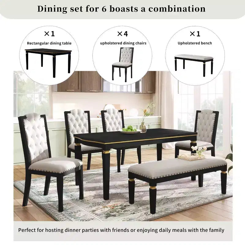 6-Piece Dining Table Set with 4 Chairs and Bench, 60-Inch Table, for Home Dining Room