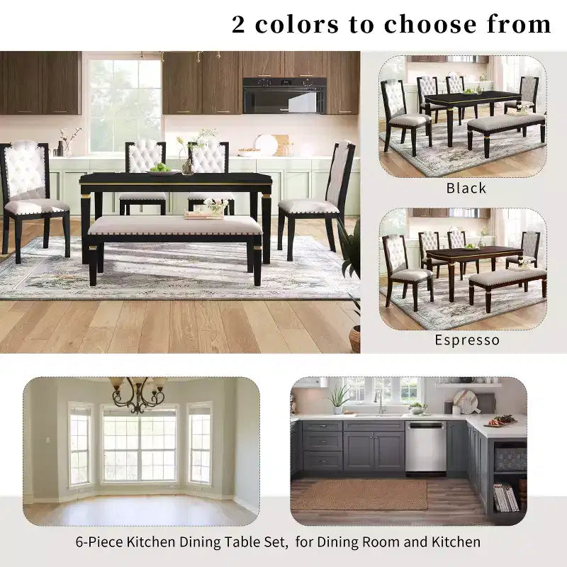 6-Piece Dining Table Set with 4 Chairs and Bench, 60-Inch Table, for Home Dining Room