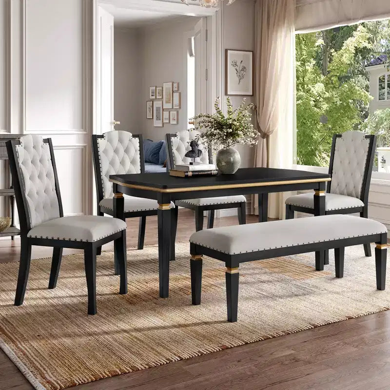 6-Piece Dining Table Set with 4 Chairs and Bench, 60-Inch Table, for Home Dining Room