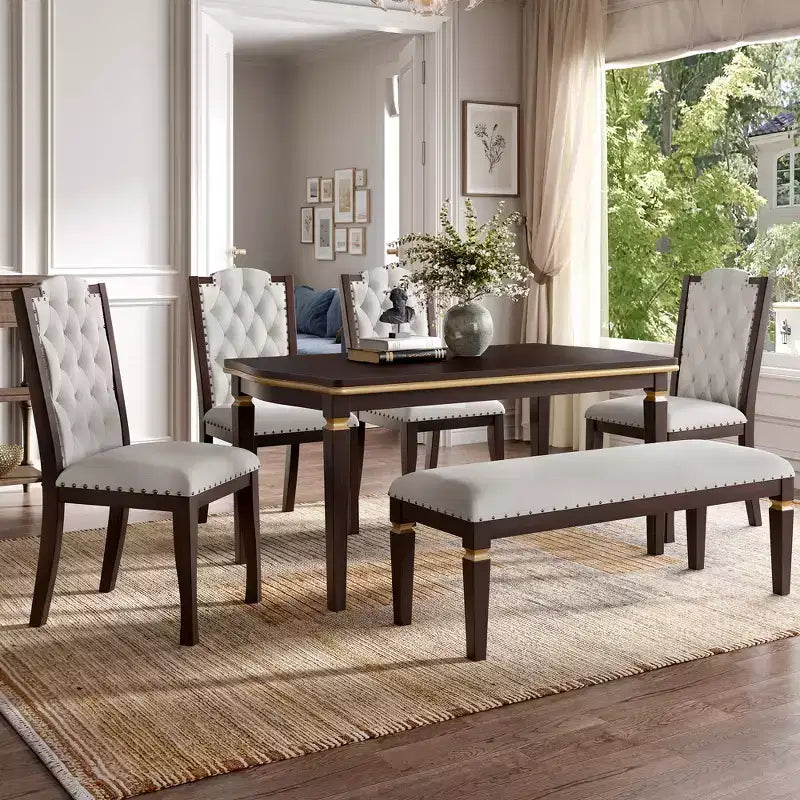 GDFStudio Mathis 6-Piece Dining Table Set with 60 Rectangular Table and 4 High-Back Tufted Chairs & 1 Bench
