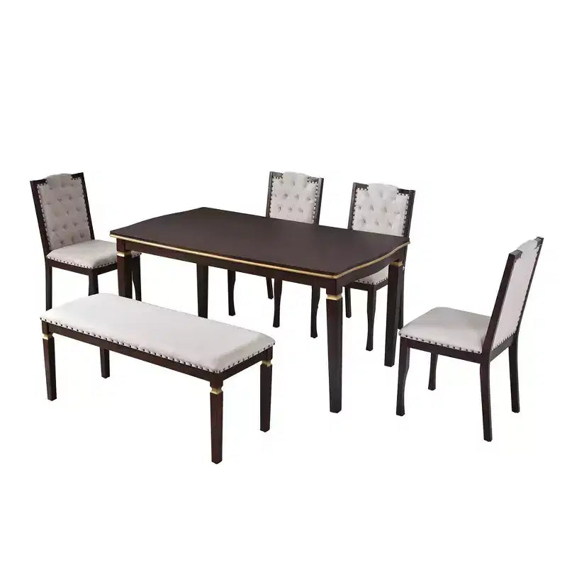 GDFStudio Mathis 6-Piece Dining Table Set with 60 Rectangular Table and 4 High-Back Tufted Chairs & 1 Bench