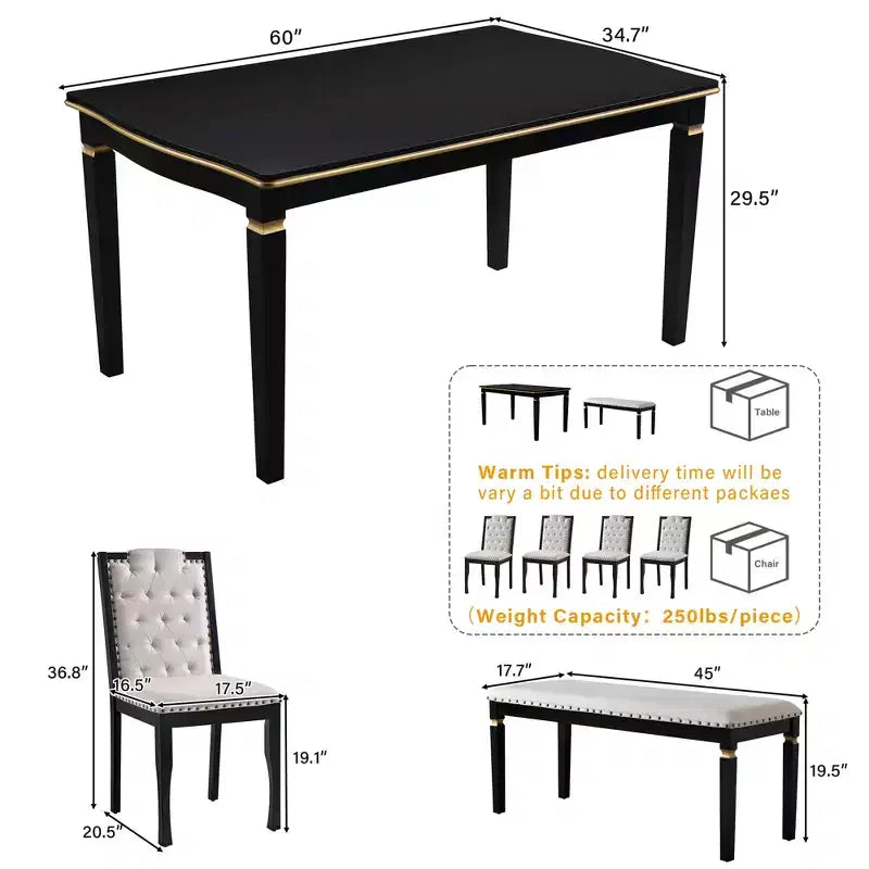 GDFStudio Mathis 6-Piece Dining Table Set with 60 Rectangular Table and 4 High-Back Tufted Chairs & 1 Bench