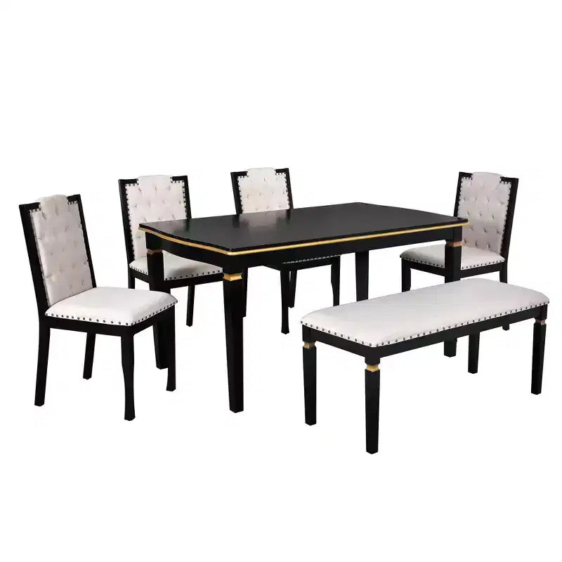 GDFStudio Mathis 6-Piece Dining Table Set with 60 Rectangular Table and 4 High-Back Tufted Chairs & 1 Bench