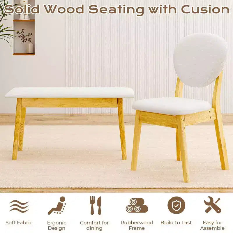 Karl Home 47''Dining Table Set For 4,Solid Wood Kitchen Table With Bench And 2 Chairs With upholstered Backrest