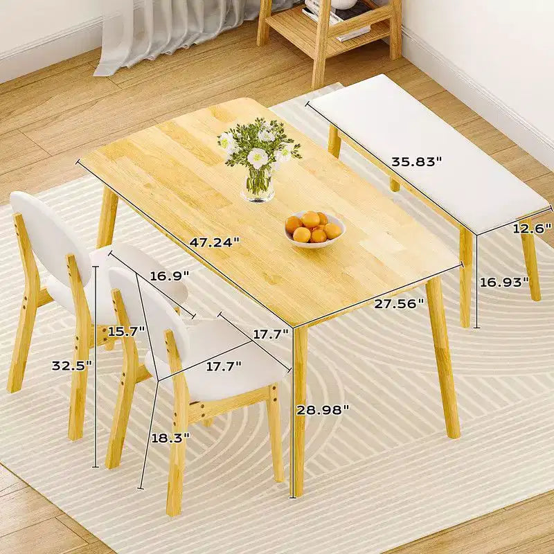 Karl Home 47''Dining Table Set For 4,Solid Wood Kitchen Table With Bench And 2 Chairs With upholstered Backrest