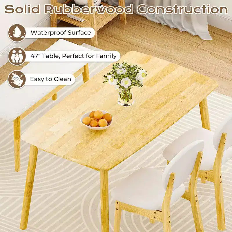 Karl Home 47''Dining Table Set For 4,Solid Wood Kitchen Table With Bench And 2 Chairs With upholstered Backrest