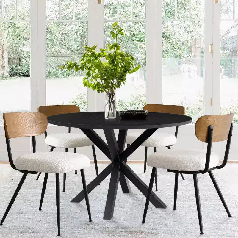 5-Piece Round Dining Table Set, 40 Black Wood Table and Upholstered Boucle Chairs with Ash Backs for Dining Room - Panipeachy