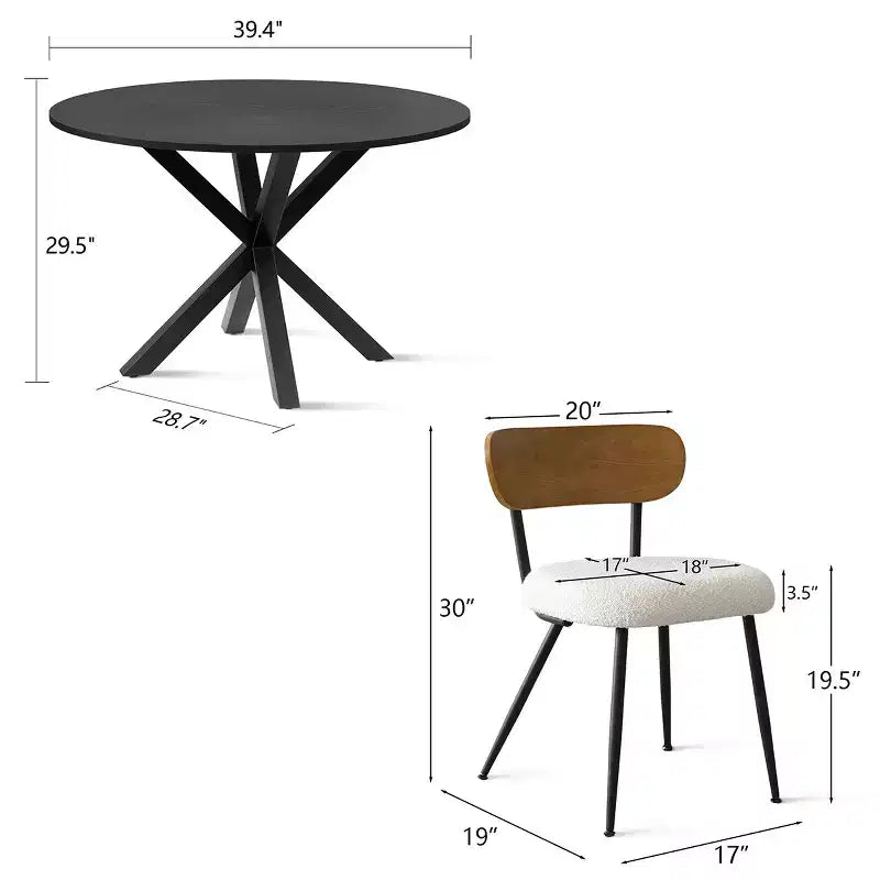 5-Piece Round Dining Table Set, 40 Black Wood Table and Upholstered Boucle Chairs with Ash Backs for Dining Room - Panipeachy