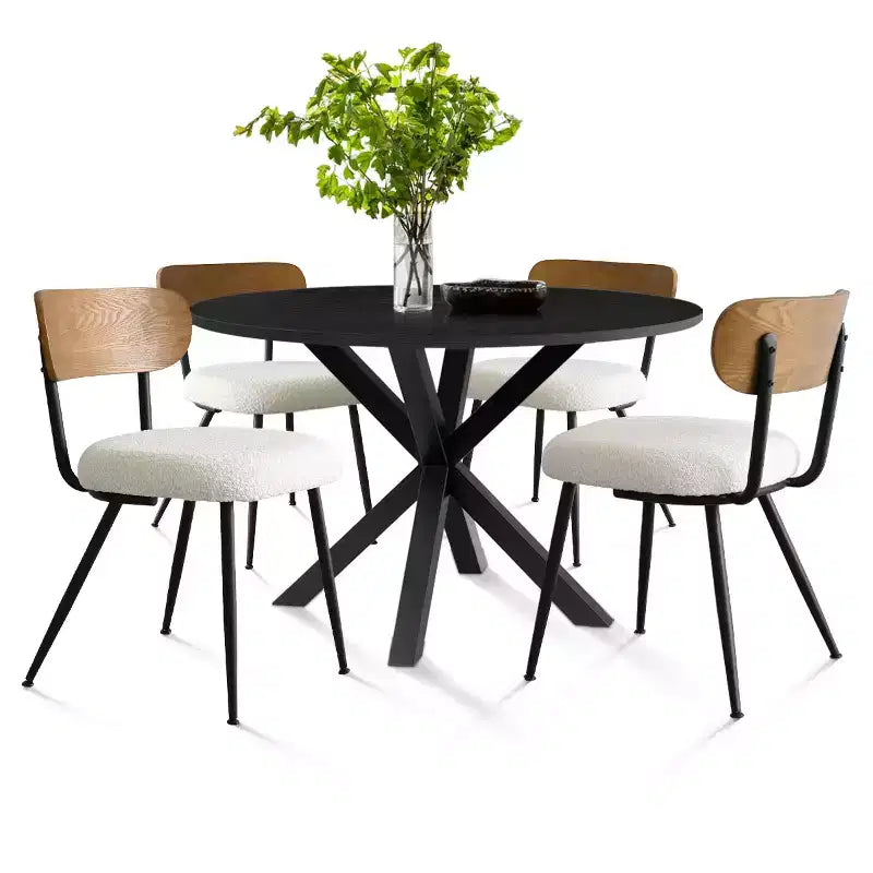 5-Piece Round Dining Table Set, 40 Black Wood Table and Upholstered Boucle Chairs with Ash Backs for Dining Room - Panipeachy