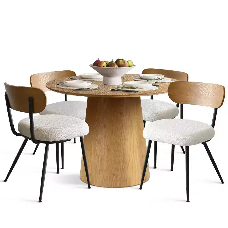 5-Piece Round Dining Table Set, 42 Oak Pedestal Table with 4 Boucle Upholstered Chairs, Ash Wood Backs, and Metal Legs - Panipeachy