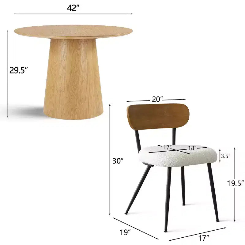 5-Piece Round Dining Table Set, 42 Oak Pedestal Table with 4 Boucle Upholstered Chairs, Ash Wood Backs, and Metal Legs - Panipeachy