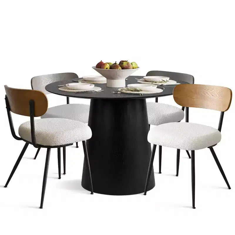 5-Piece Round Dining Table Set, 42 Oak Pedestal Table with 4 Boucle Upholstered Chairs, Ash Wood Backs, and Metal Legs - Panipeachy