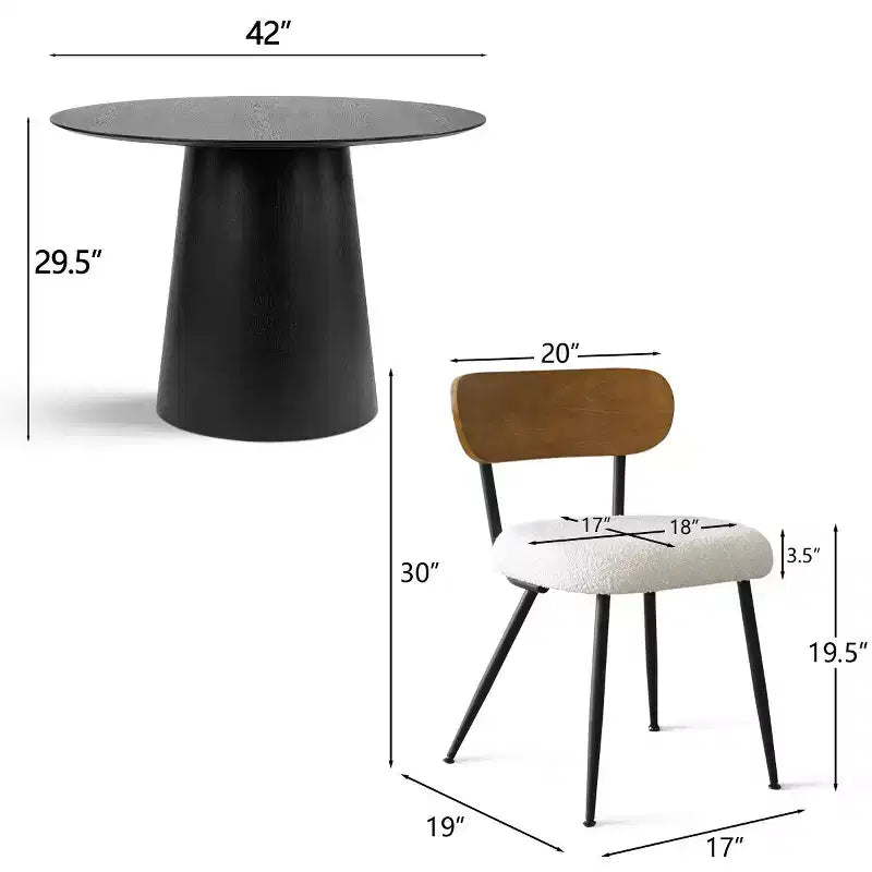 5-Piece Round Dining Table Set, 42 Oak Pedestal Table with 4 Boucle Upholstered Chairs, Ash Wood Backs, and Metal Legs - Panipeachy