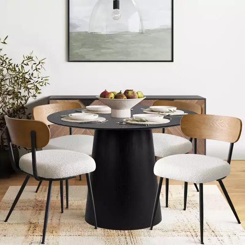 5-Piece Round Dining Table Set, 42 Oak Pedestal Table with 4 Boucle Upholstered Chairs, Ash Wood Backs, and Metal Legs - Panipeachy