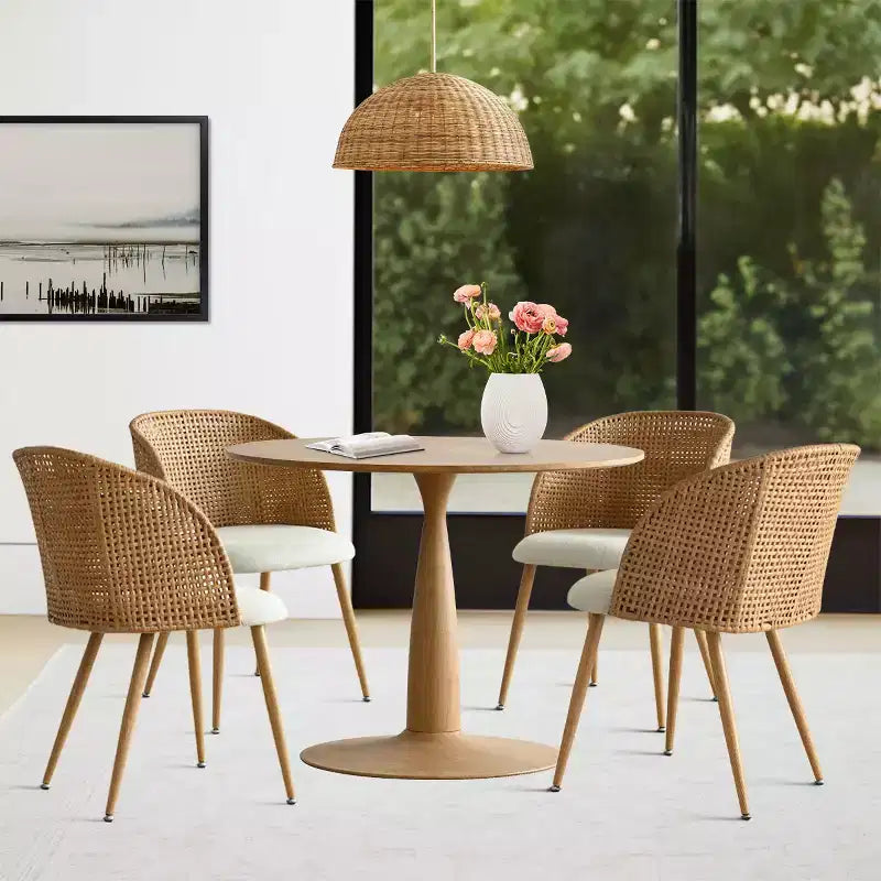 Round Dining Table Set for 4, Natural Wood-Tone Pedestal Table and Upholstered Dining Chairs with Rattan Backs, Ideal for Dining Room-Panipeachy