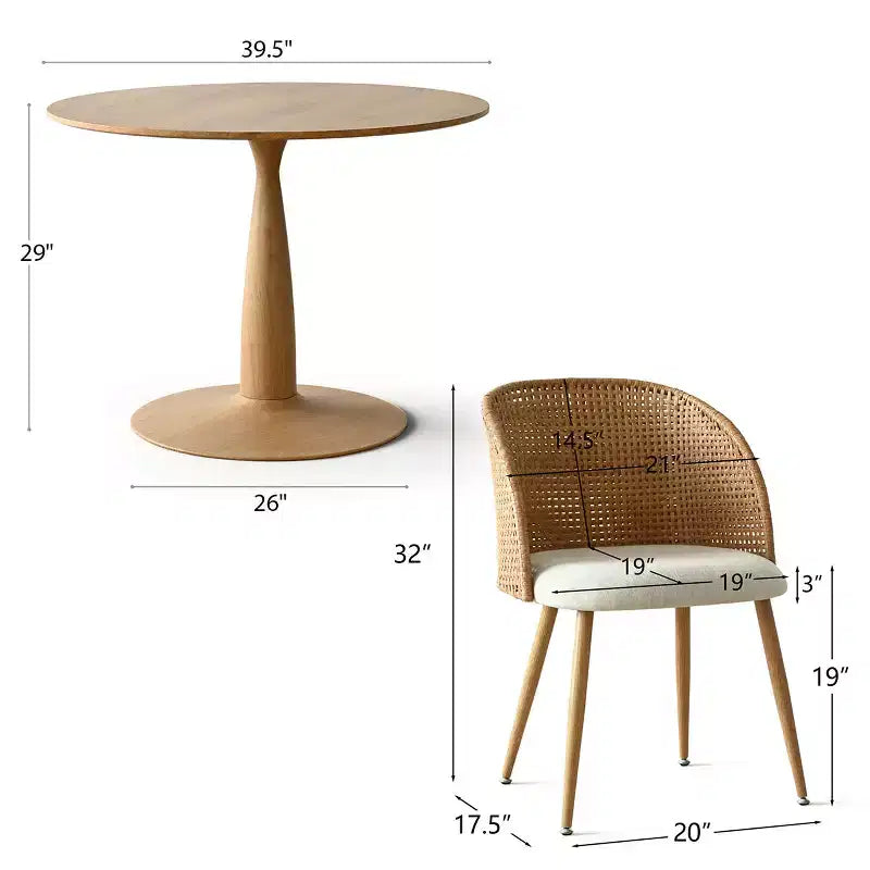 Round Dining Table Set for 4, Natural Wood-Tone Pedestal Table and Upholstered Dining Chairs with Rattan Backs, Ideal for Dining Room-Panipeachy