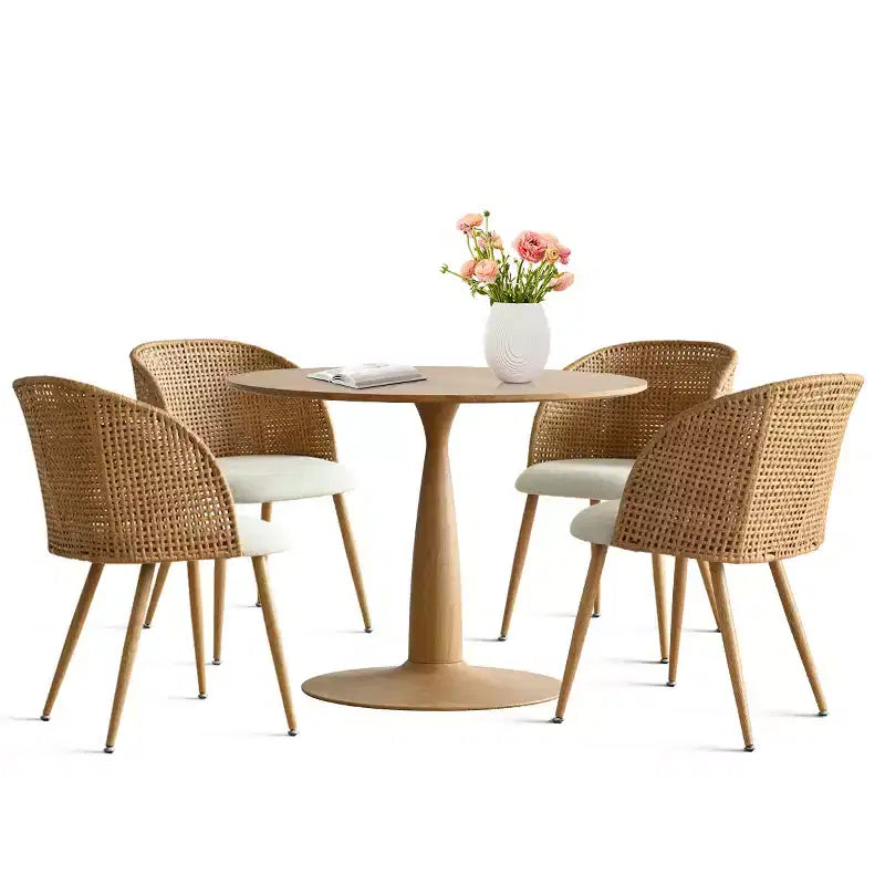 Round Dining Table Set for 4, Natural Wood-Tone Pedestal Table and Upholstered Dining Chairs with Rattan Backs, Ideal for Dining Room-Panipeachy