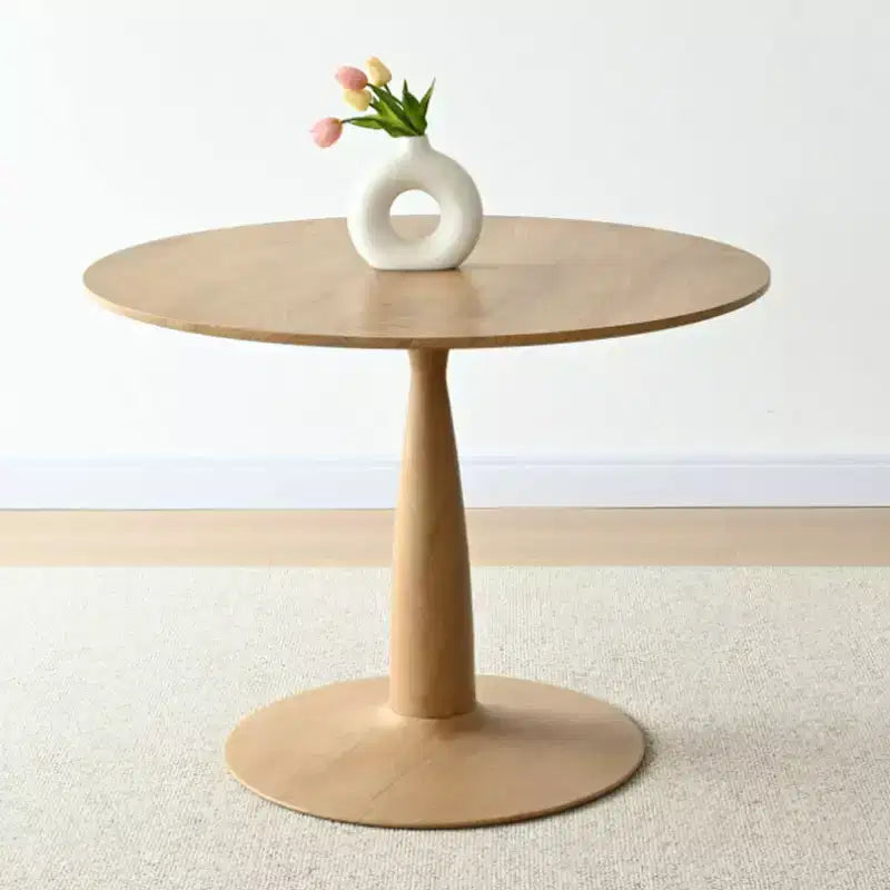 Round Dining Table Set for 4, Natural Wood-Tone Pedestal Table and Upholstered Dining Chairs with Rattan Backs, Ideal for Dining Room-Panipeachy