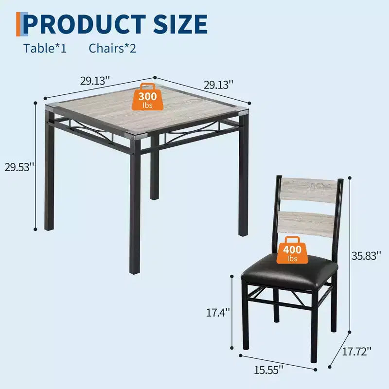Garvee Dining Table Set for 2 with Corner Protector, Dining Room Table Set for 2 with Upholstered Chairs for Kitchen, Apartment, Retro Gray