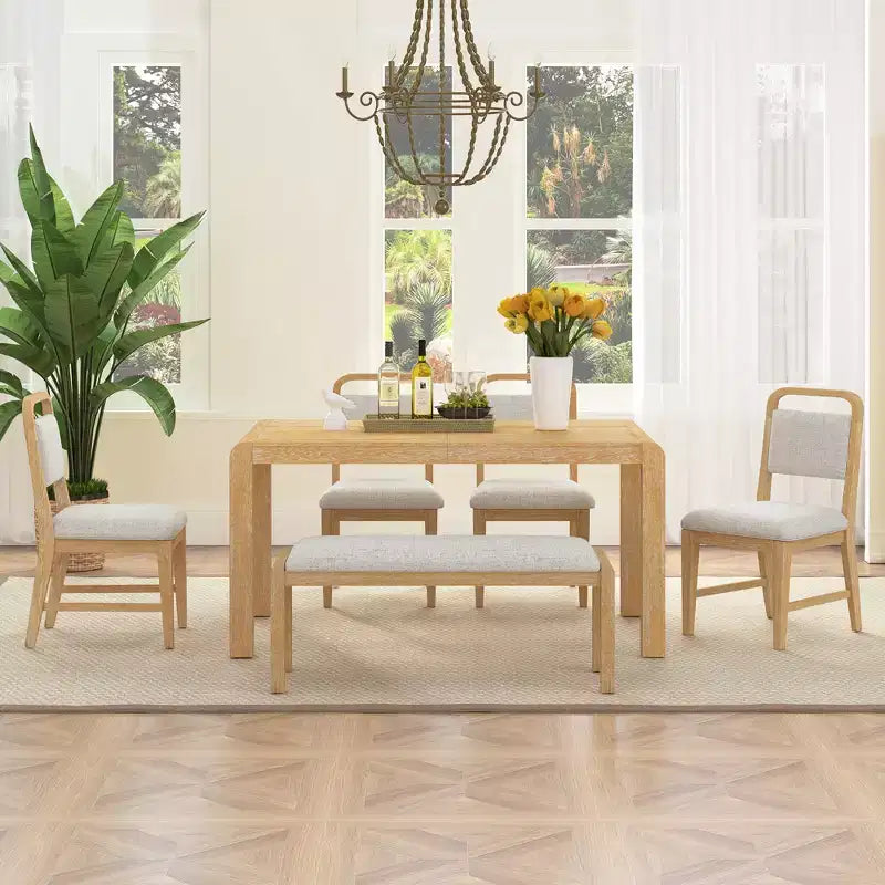 GDFStudio Betsy Vintage Extendable Dining Table Set for 4-6 with Upholstered Chairs and Bench