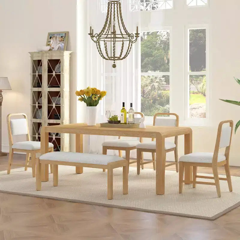 GDFStudio Betsy Vintage Extendable Dining Table Set for 4-6 with Upholstered Chairs and Bench
