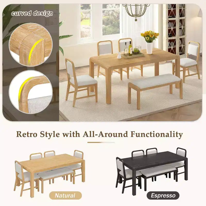 GDFStudio Betsy Vintage Extendable Dining Table Set for 4-6 with Upholstered Chairs and Bench