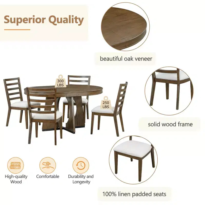 GDFStudio Dana Round 5 Piece Dining Set with Extendable Table and Upholstered Chair