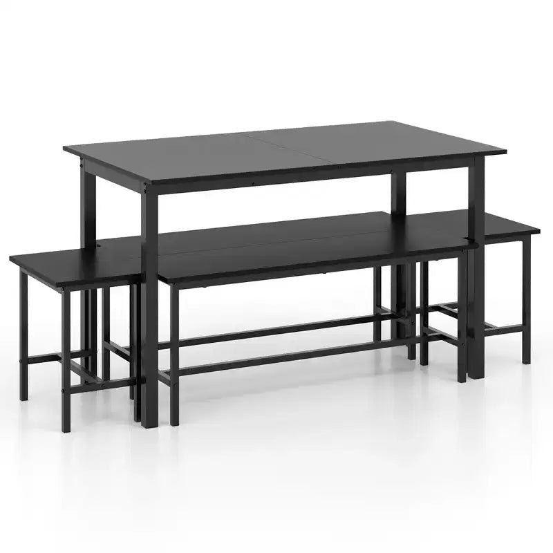 Costway 5 PCS Dining Table Set for 4-6 w/ 2 Benches & 2 Stools Metal Frame Dining Room Black
