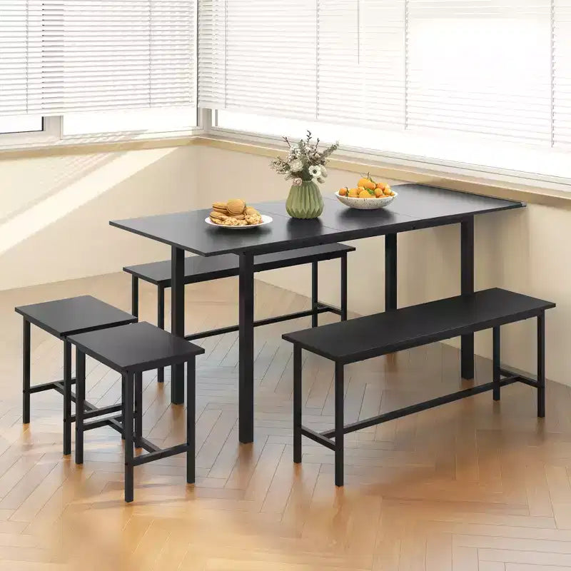 Costway 5 PCS Dining Table Set for 4-6 w/ 2 Benches & 2 Stools Metal Frame Dining Room Black