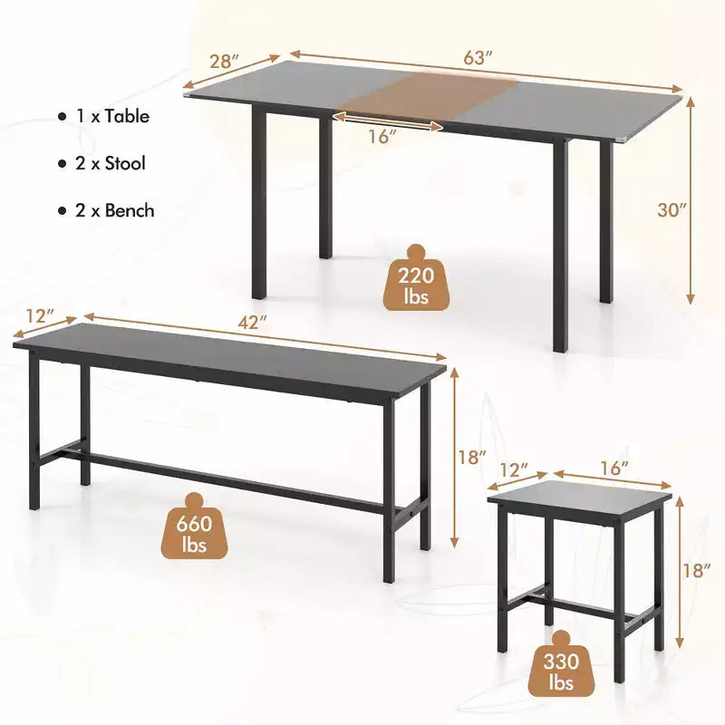Costway 5 PCS Dining Table Set for 4-6 w/ 2 Benches & 2 Stools Metal Frame Dining Room Black
