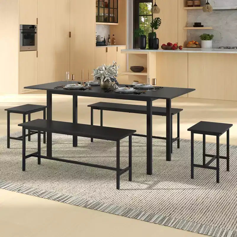 Costway 5 PCS Dining Table Set for 4-6 w/ 2 Benches & 2 Stools Metal Frame Dining Room Black