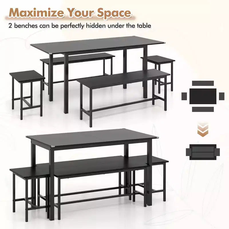 Costway 5 PCS Dining Table Set for 4-6 w/ 2 Benches & 2 Stools Metal Frame Dining Room Black