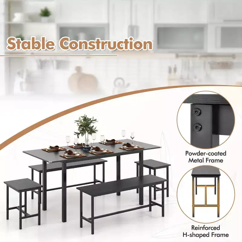 Costway 5 PCS Dining Table Set for 4-6 w/ 2 Benches & 2 Stools Metal Frame Dining Room Black