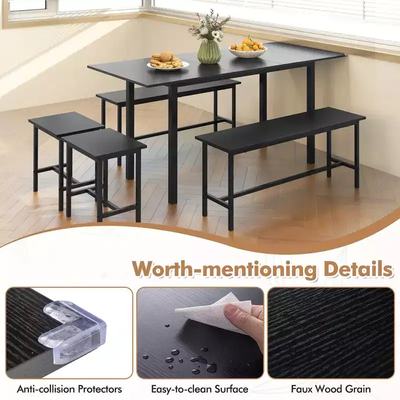 Costway 5 PCS Dining Table Set for 4-6 w/ 2 Benches & 2 Stools Metal Frame Dining Room Black