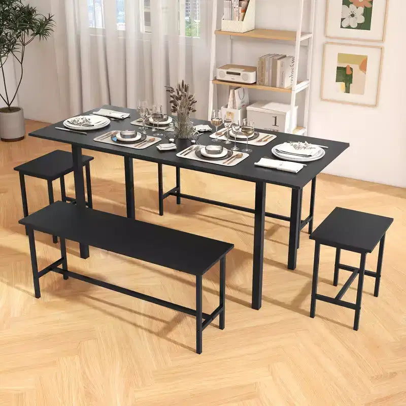 Costway 5 PCS Dining Table Set for 4-6 w/ 2 Benches & 2 Stools Metal Frame Dining Room Black