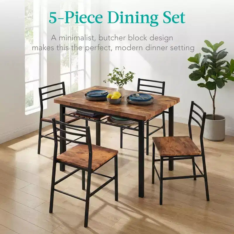 Best Choice Products 5-Piece Modern Dining Set, Kitchen Table W/ 4 Matching Chairs & Storage Rack - Medium Brown/Black